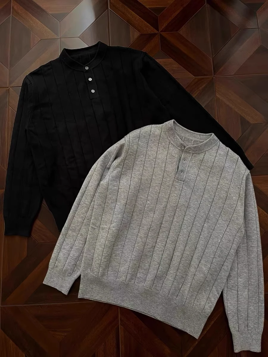 

Lazy Sle Long Sve Henry Collar Knitwear Men's Loose Vertical Stripes Autumn Winter Faionable Inner Wear Casual Outerwear