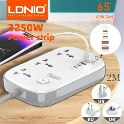 LDNIO Universal Power Strip with 65W GaN USB Charer 3250W Extension Cable Network Filter Surge Protector  EU/US/UK Plug Socket