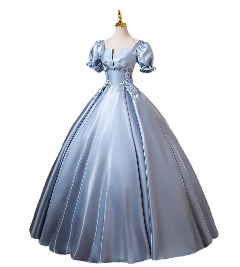 Blue Princess Quinceanera Dresses New Satin Vintage Puff Sleeves Ball Gown Dress Simple Sweet Vestido De Debutante Customized