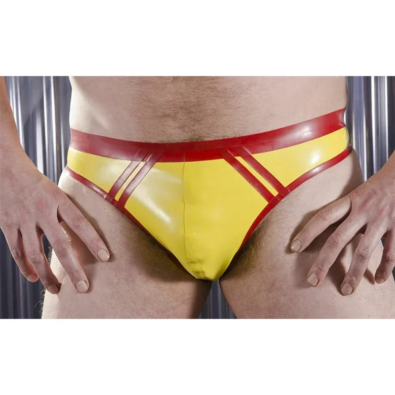 

Rubber Briefs Latex Sexy Men's Shorts Red and Yellow Triangle Underwear Handmade for Men