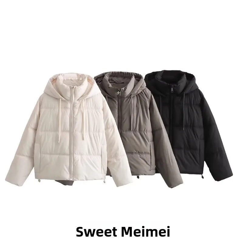 

Decorative Elastic Bule Hem Zipper Closure Cotton Jaet Trendy Autumn Winter New Arrival Women's Casual Hooded Coat