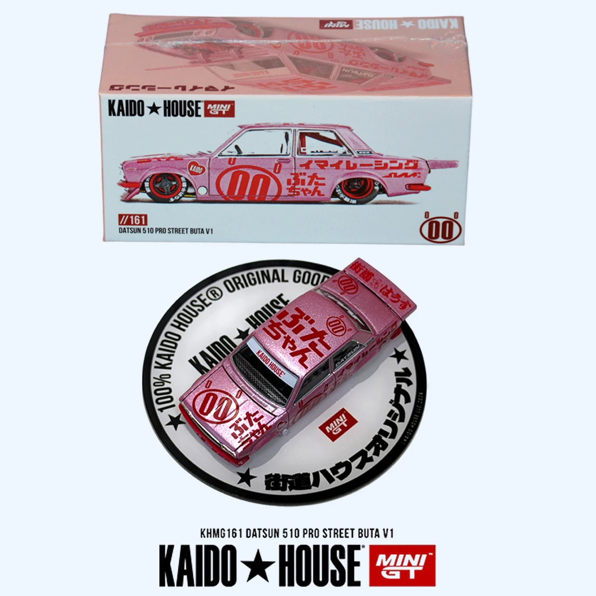 Kaido House 1:64 Datsun 510 Pro Street Buta V1 Metallic Pink Japanese Kanji JDM Tuner Diecast Model Car In Stock KHMG161