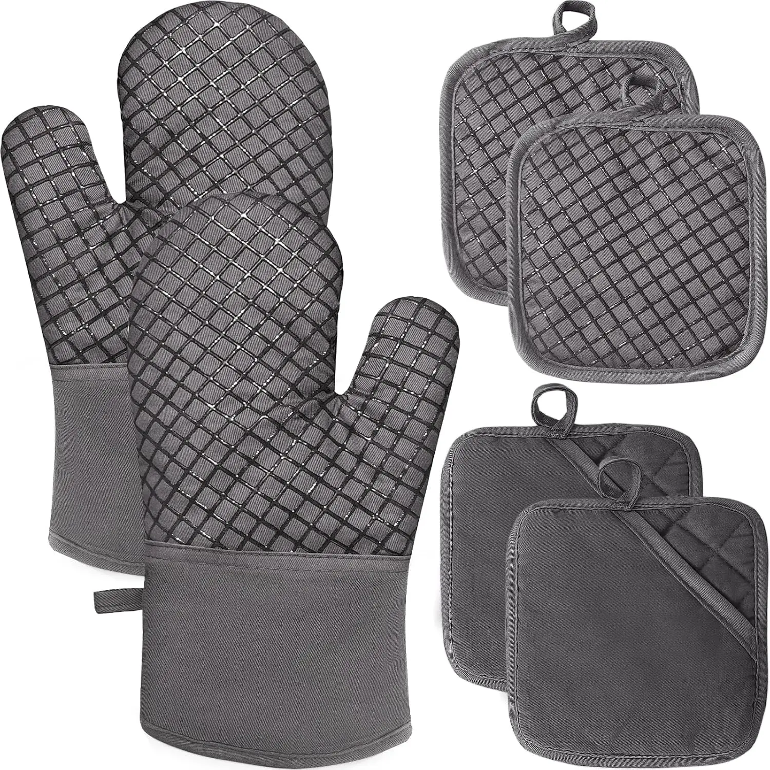 

4 Pcs Oven Mitts and Pot Holders, Heat Resistant to 500°F, Silicone Non-Slip Kitchen Gloves for Cooking Baking Grilling, Grey