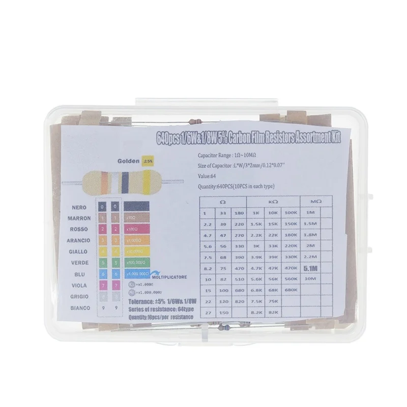 1/8W 5% 640pcs 64 Values 1R - 10MR 0.125W Carbon Film Resistors Assorted Kit Set