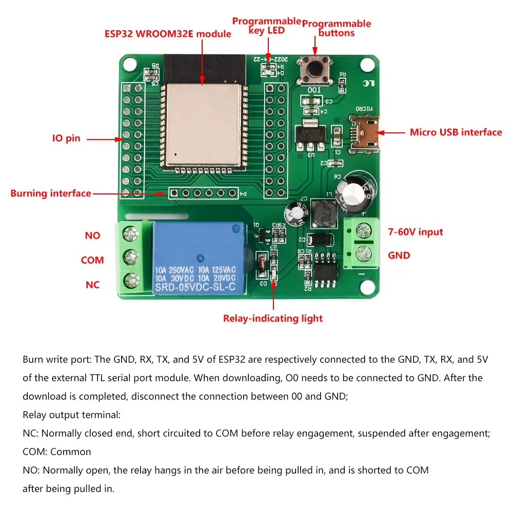 ESP32-WROOM-32E WIFI Bluetooth Development Board Single Relay Module DC7-60V for ESP32 Secondary Development Smart Home Wireless