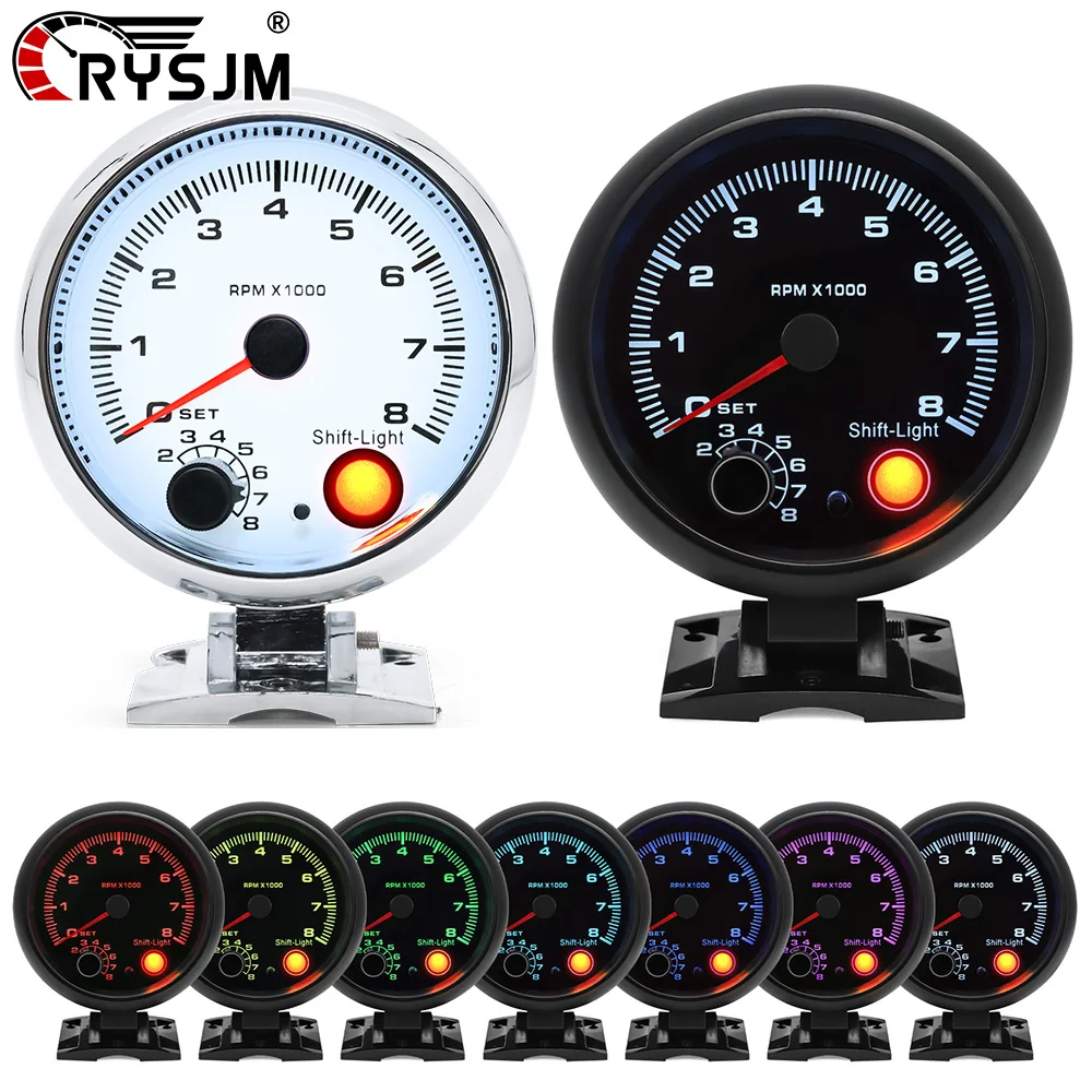 7 Color LED Car 0-8000RPM Tachometer Gauge With Shift Light Rotational Speed Instrumentation For 12V Vehicles 4 6 8 Cylinder