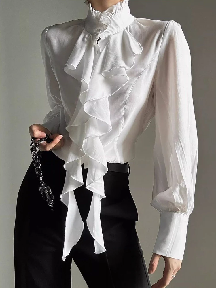 

2026 Autumn Women's Vintage Renaissance Ruffle Front High Neck Women's Shirts Chiffon Puff Long Sleeve Blouse Cosplay Party Tops