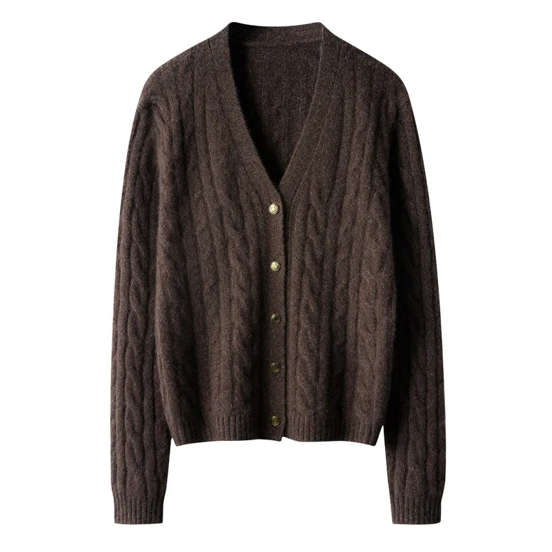 New 100% pure cashmere three-strand thickened twisted V-neck cardigan loose knitted jacket