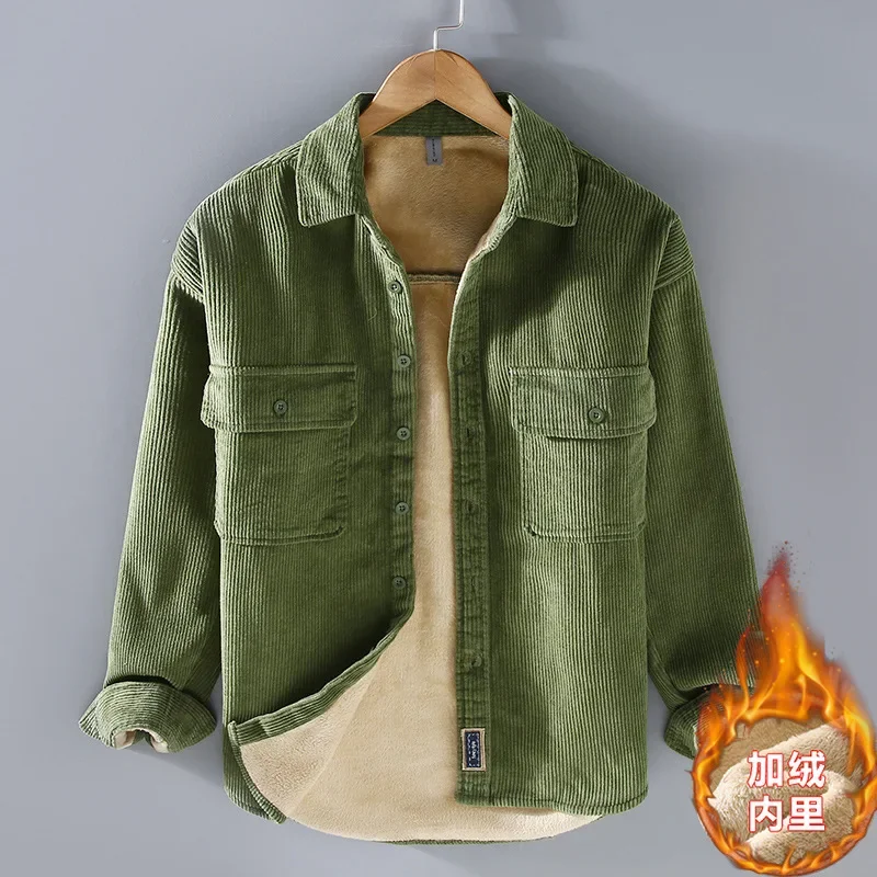 Autumn Winter New Men's Cotton Polyester Corduroy Solid Long Sleeve Smart Casual Shirts For Men Outdoor Warm Thickening Clothing