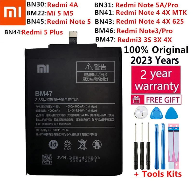 100% Batterie d'origine Pour Xiaomi Redmi Note Mélange Km 2 2S 3 3S 3X 4 4X 4C 4A 5 5X 5S 5A 6 Mi6 6A 7 9 MI9 M9 SE Pro Piles Incluses