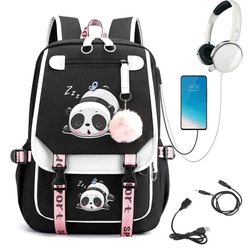 Girl Backpack School Bag Teenage Schoolbag Sleeping Panda Primary Kawaii Cute Bagpack Usb Teens Travel Bookbag