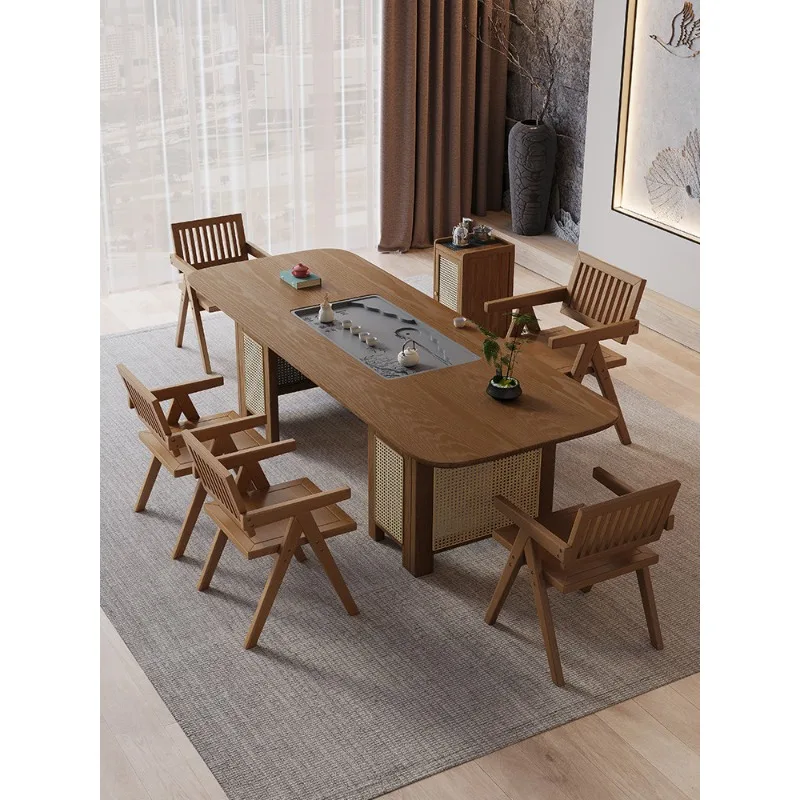 

Solid wood tea table and chair combination modern simple rattan tea table for small household use