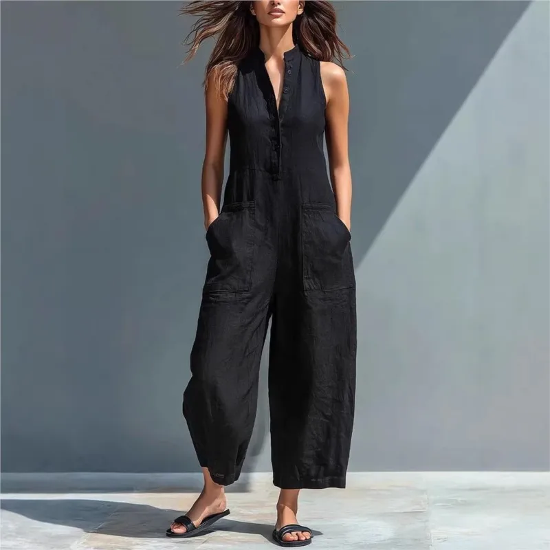 

Женский комбинезон без рукавов с воротником-стойкой, однотонный, с карманами и пуговицами, повседневный, модный, весна-лето 2026