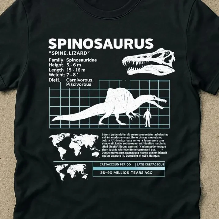 Spinosaurus Dinosaur Fact Infographic Graphic T Shirt Cotton Short Sleeve Oversized Unisex Dino Lover Casual Streetwear Tops
