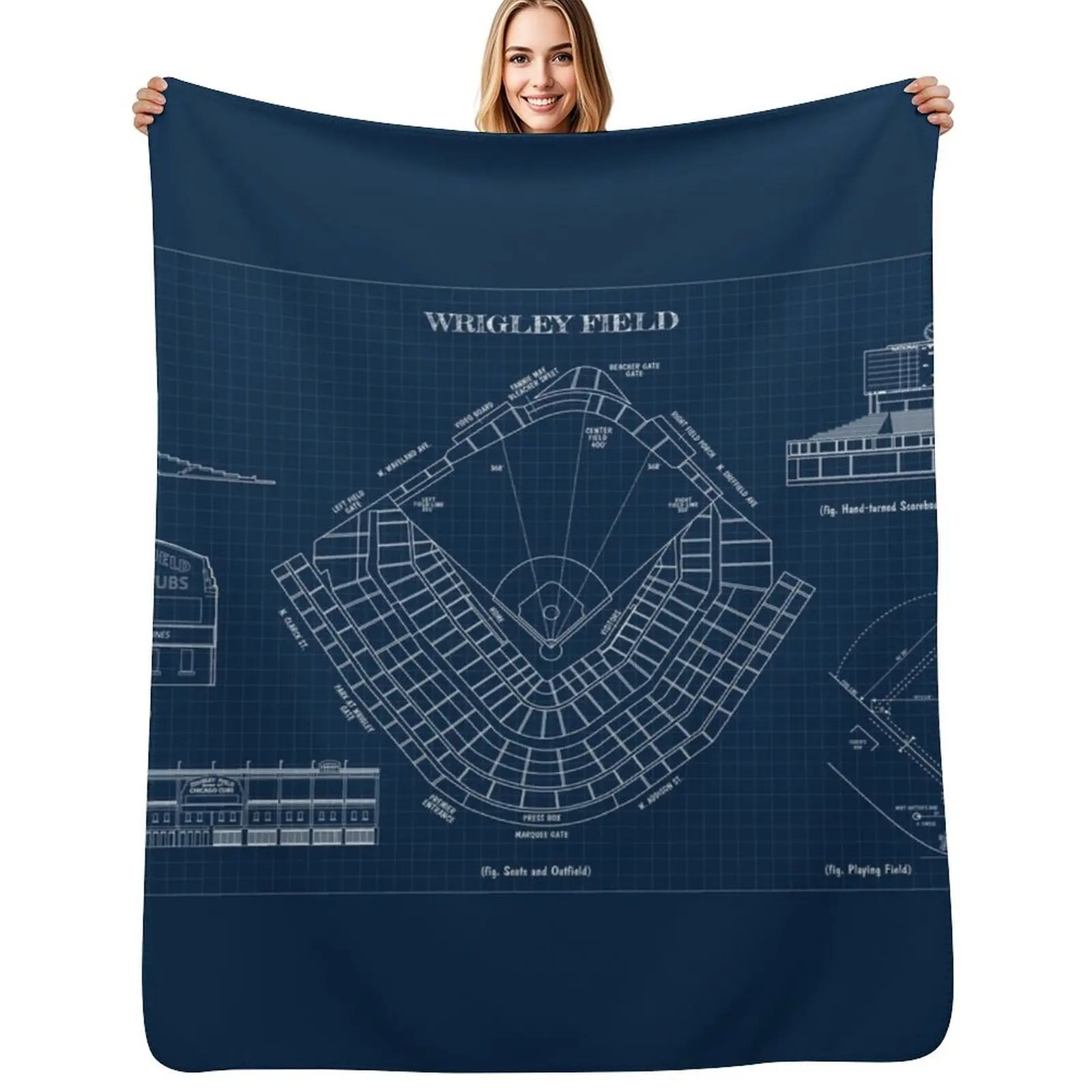 

Wrigley Field (Navy Blueprint) Throw Blanket Thermal Quilt Travel Sofa Throw Blanket