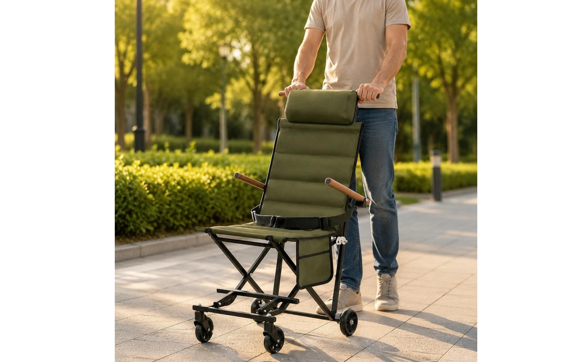 Camping Recliner with Wheels Portable Recliner Folding Lounge Chair Headrest Pillow Outdoor Furniture Adjustable Recline