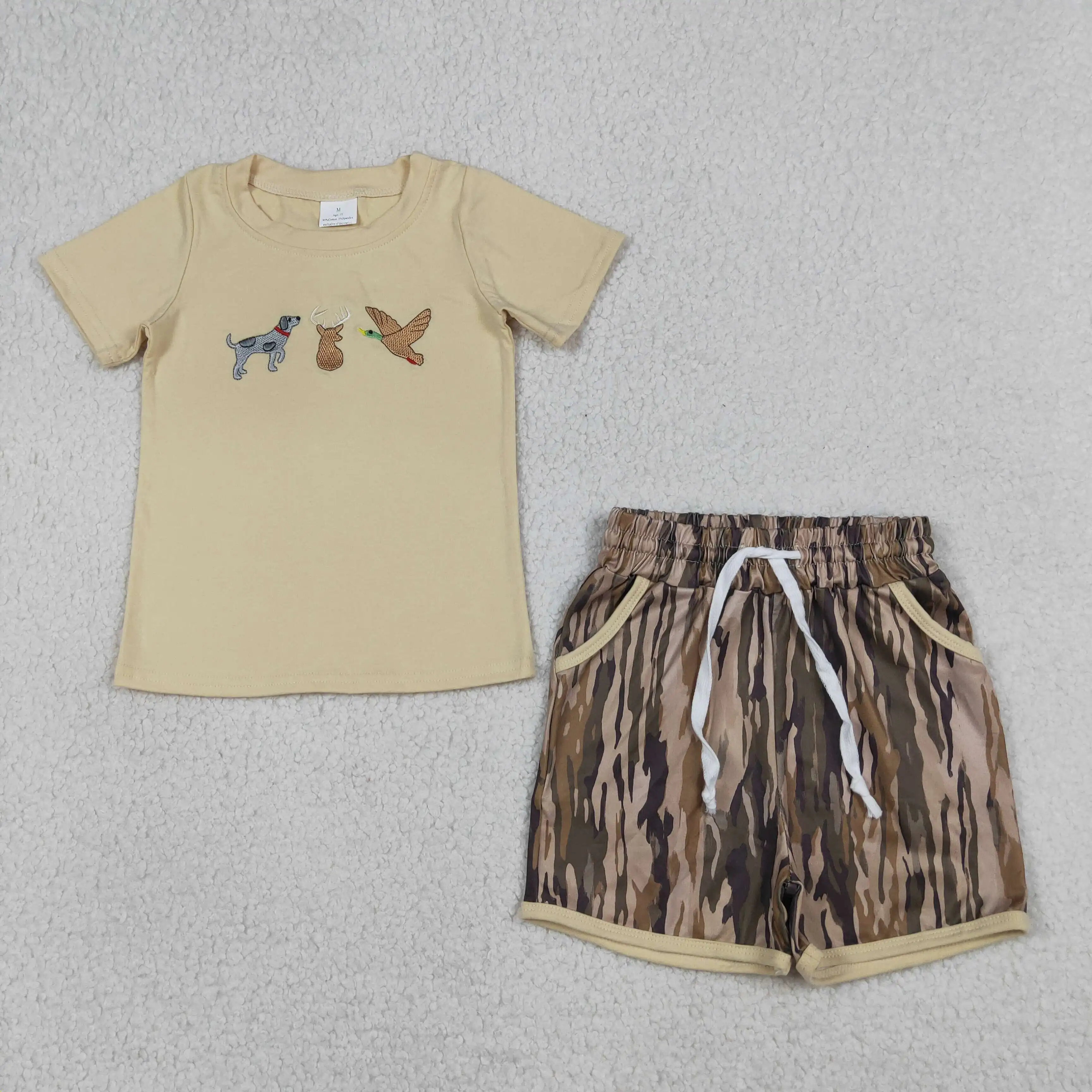 Wholesale Baby Boy Short Sleeves Embroidery Dog Duck Shirt Children Kids Camo Set Pockets Shorts Boys Toddler Outfit Clothes