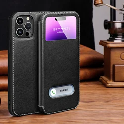 Luxury Genuine Leather View Window Phone Case For iPhone 11 12 13 14 15 16 17 Pro Max Plus Shock Flip Holder Wallet Free Answer