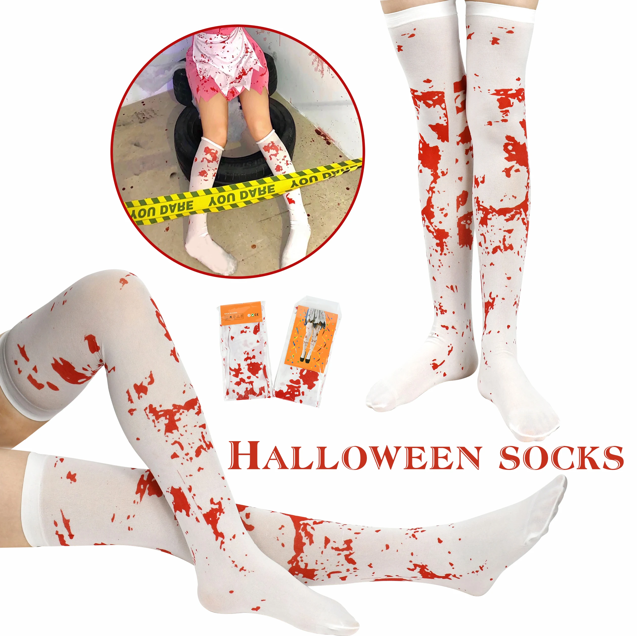 Halloween Bloody High Stockings Women Blood Stained High Socks Cosplay Nurse Costume Over Knee Socks Halloween Home Party Decor