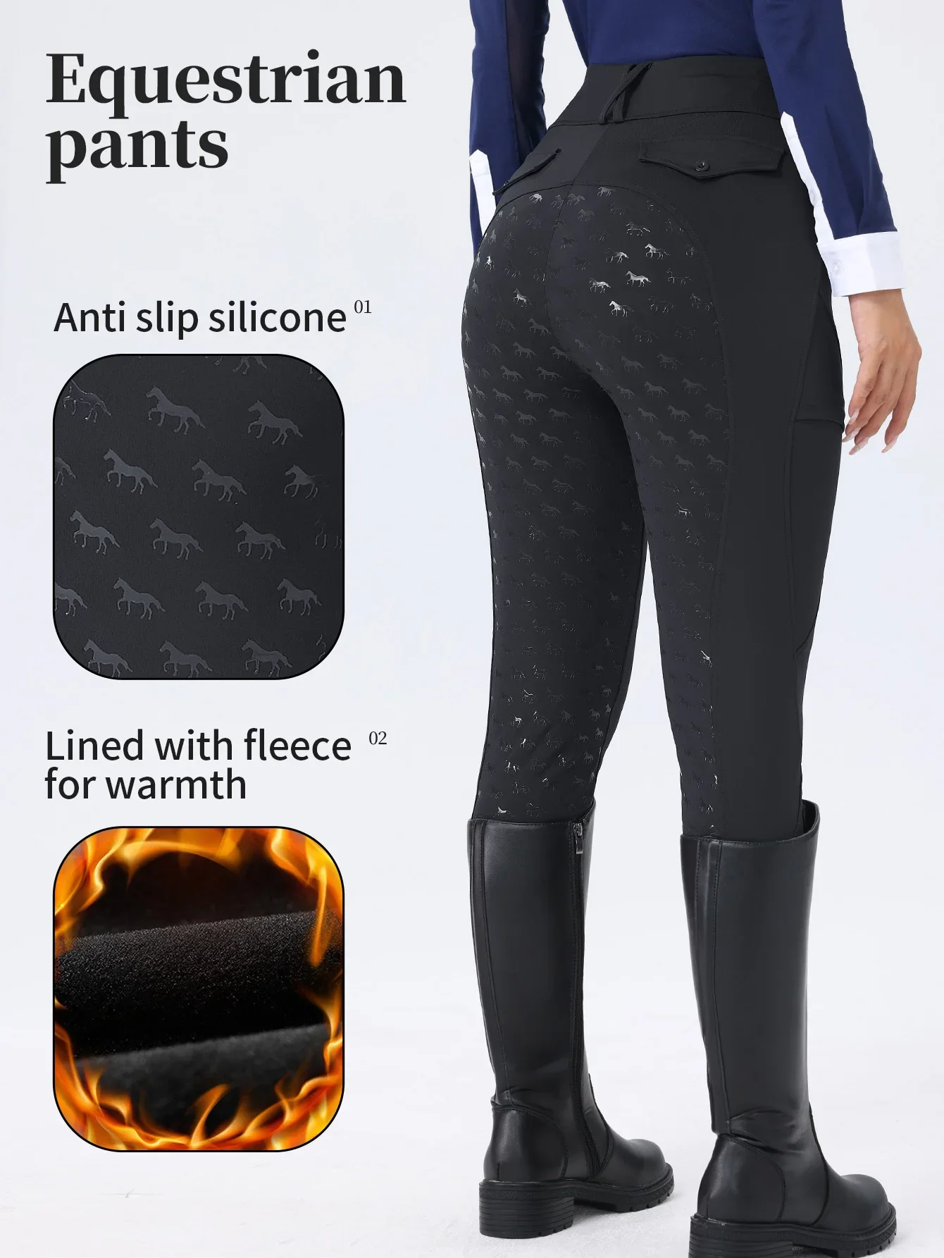 Damen-Reithose für Herbst und Winter, mit Fleece gefüttert, gepunktet, mit Silikon-Anti-Rutsch-Beschichtung, abriebfest, hohe Taille.