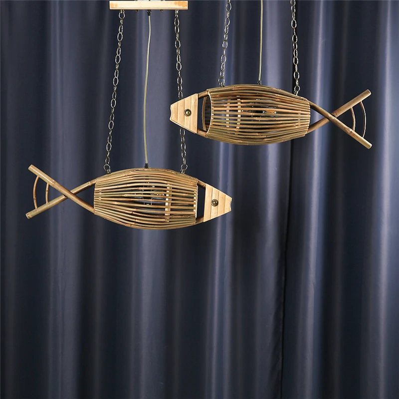 Woven Bamboo Fish Pendant Lights Restaurant Light Retro Bar Creative Teahouse Lamp Living Room Wall Decor Farm Hotel Wall Lights