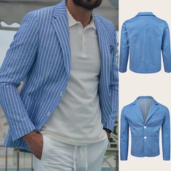 Kostüm pamuk çizgili erkekler smokin Casual düğün resmi parti Blazer erkek bir ceket hiçbir pantolon