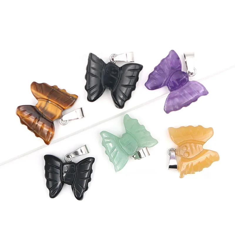 10pcs/ Bag Hand Carved Stone Butterfly Pendant Natural Healing Crystal Quartz Stone Animal Butterfly Pendants for Jewelry Making