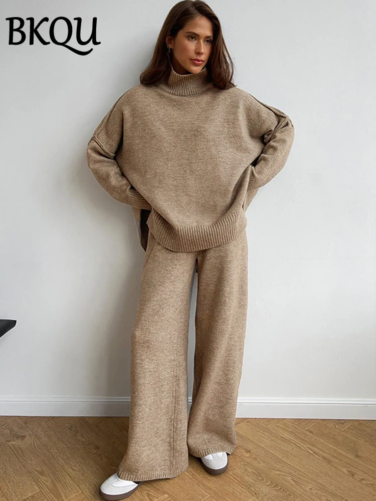 Bkqu gestrickt 2 Stück Sets Frauen Roll kragen pullover und weites Bein Hosen Outfits Herbst Winter lässig Büro Damen Homewear