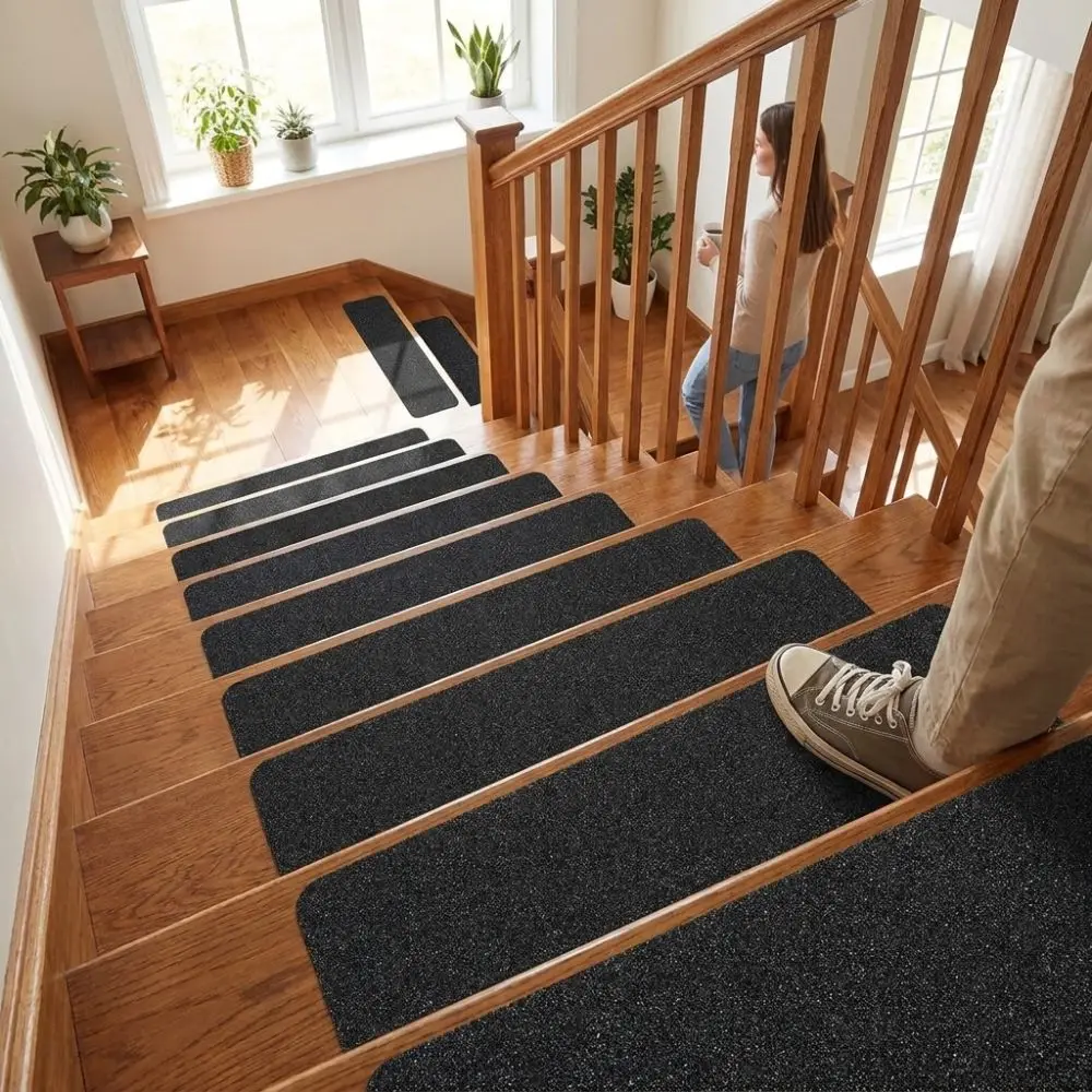 6Pcs Black Frosted Self‑Adhesive Stair Tread Mat Pre-Cut Waterproof Anti-Slip Stair Treads Tear‑Resistant Self-Stick