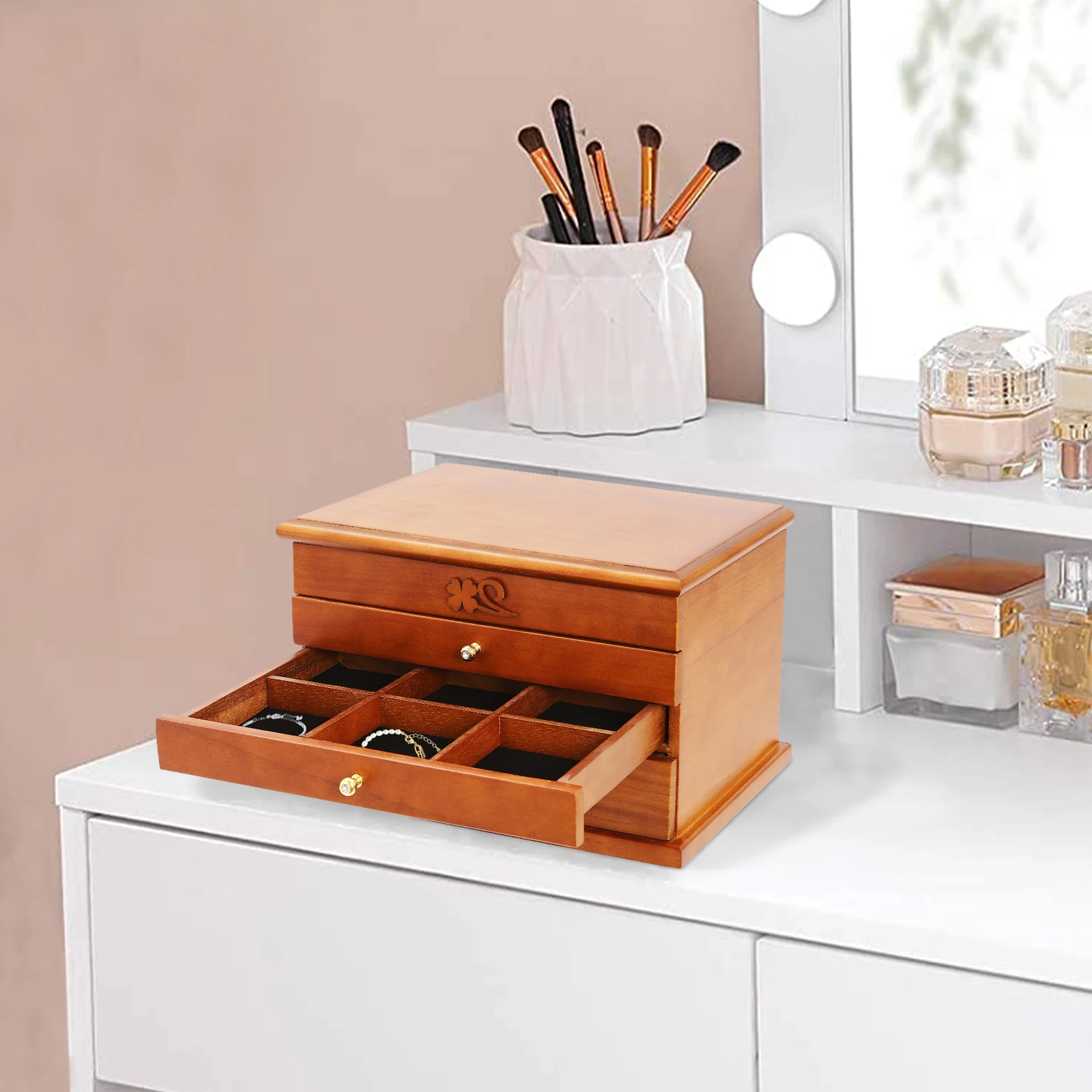 

Шкатулка для драгоценностей с 3 выдвижными ящиками, 4 яруса, съемными решетчатыми отделениями, большая вместимость, дерево Сыкамор, идеальный подарок для Wo