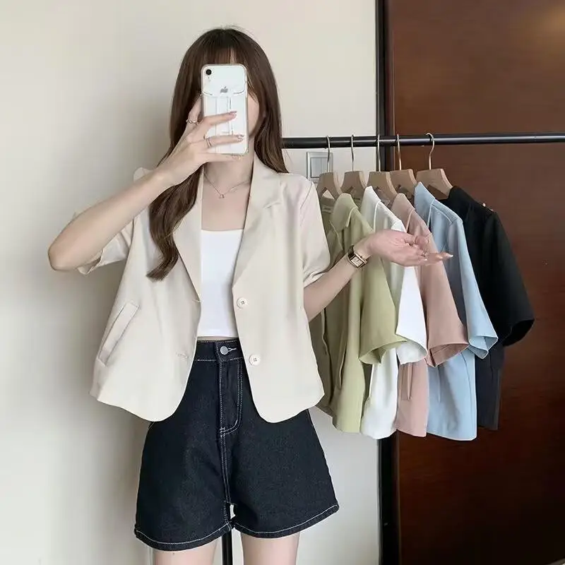 Summer New Design Short Sleeve Turn-down Collar Jacket Women's Thin Shirt Design Short Top Waist-cinching Basic Style Polyest...