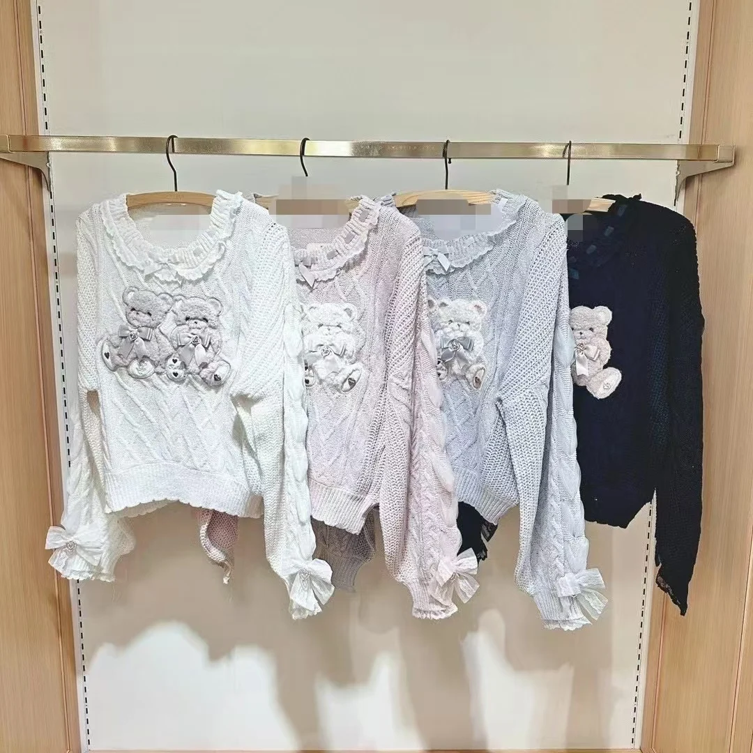 Dophee Original New Spring Camicie a maglia giapponesi Simpatici orsi di peluche Love Bow O-Collo Pullover Top Dolce principessa Maglioni corti