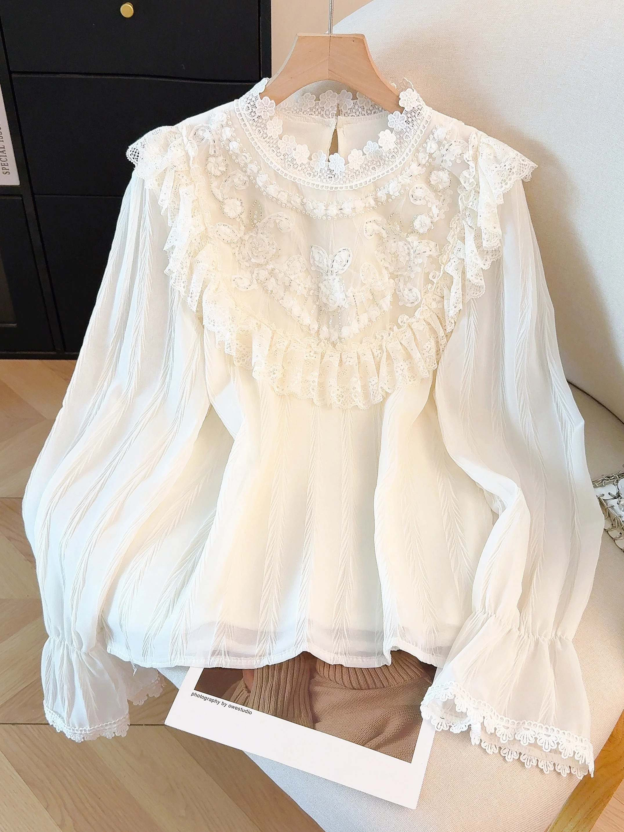 

Ele Stand Collar Lace Blouse Long Sve Women's Base irt Inner Wear Spring Faion Trendy Top Korean Sle Commute