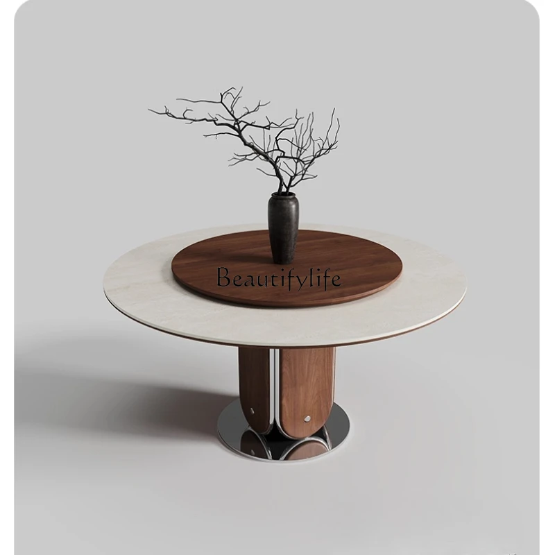 

Medieval style round dining table household small apartment with turntable walnut