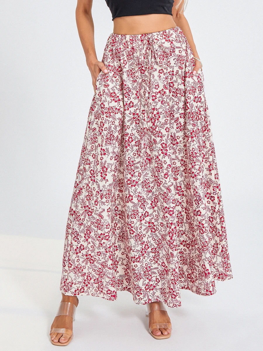 New Fashion Women Long Skirt Elegant High Waisted Skirt Solid/Flower Print Summer Swing Skirt Skin Friendly Hot Sale S-2XL