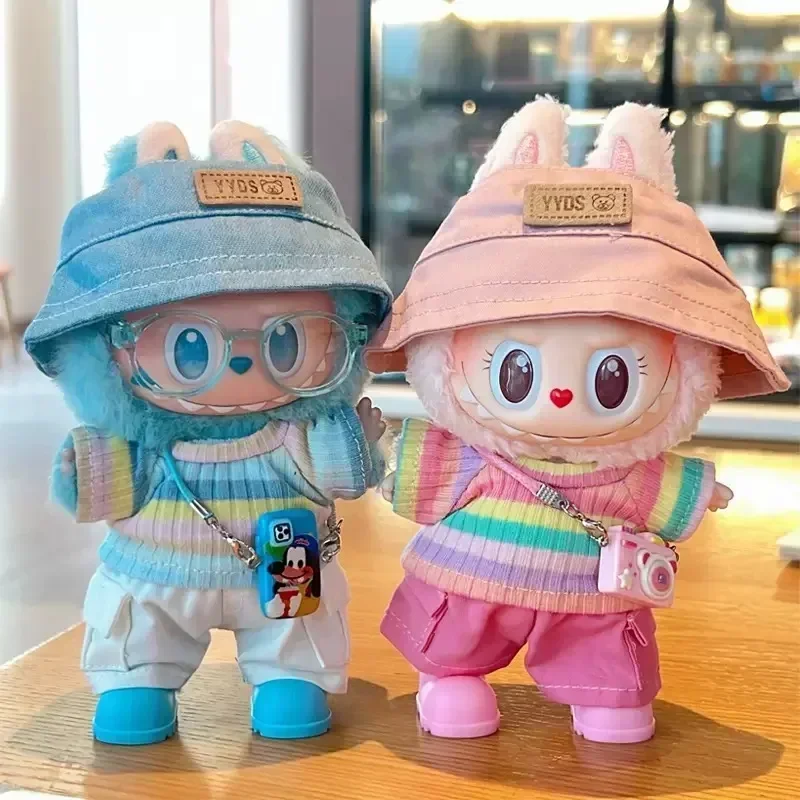 

Labubu Clothes 1-3 Gen Vinyl Doll Sitting Party Outfits Striped T-Shirt Cargo Pants Glasses Crossbody Bag Dopamine Fashion Set