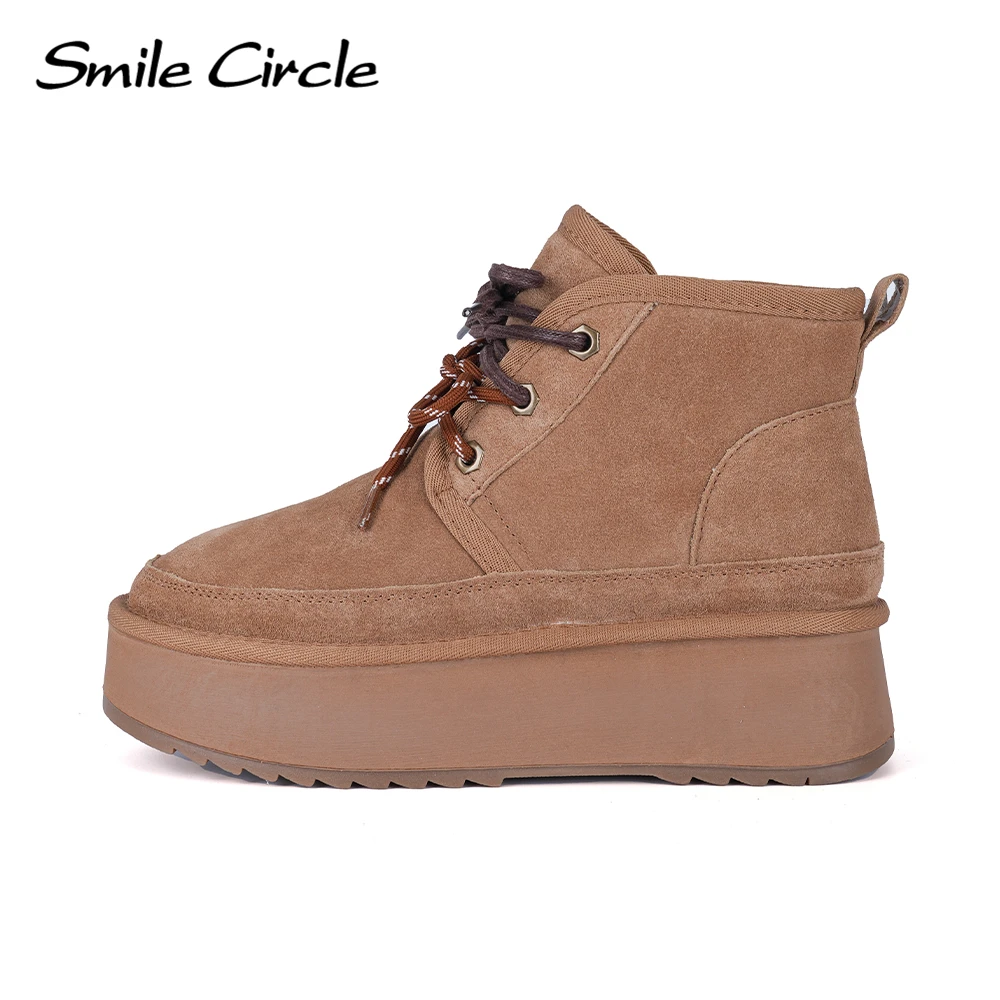 Smile Circle Winter Snow Boots Women Suede Leather Lace Up Platform Boots Warm Fashion Casual Shoes