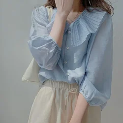 Blue Chiffon Shirt Elegant Design Sensibility Fairy-Like Ruffles Doll Neck Short Sleeves Women's Summer Thin Style