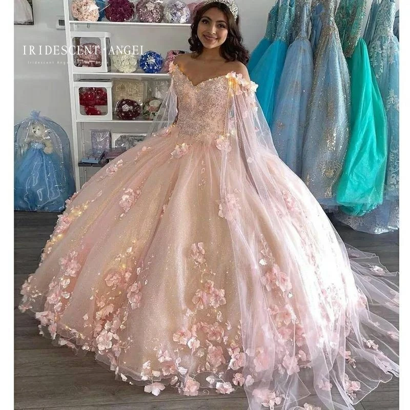 Schillerndes Ballkleid rosa 3d Blume Quince anera Kleider für 15 Party Spitze Applqiue Geburtstag Prinzessin Kleider Robe de Bal formal