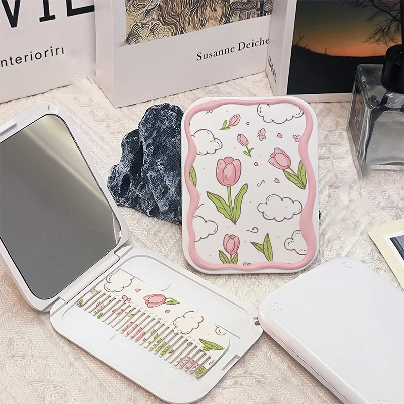 Floral Flip-Top Folding Makeup Mirror – Portable Rectangle Cosmetic Mirror with Built-in Comb for Women