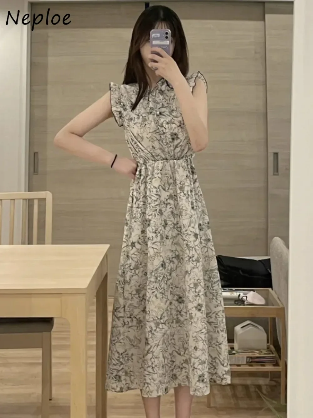 

Neploe, милое шифоновое платье в китайском стиле, воротник-стойка, свободная талия, пуловер с летящими рукавами, японский французский тонкий свежий Mujer