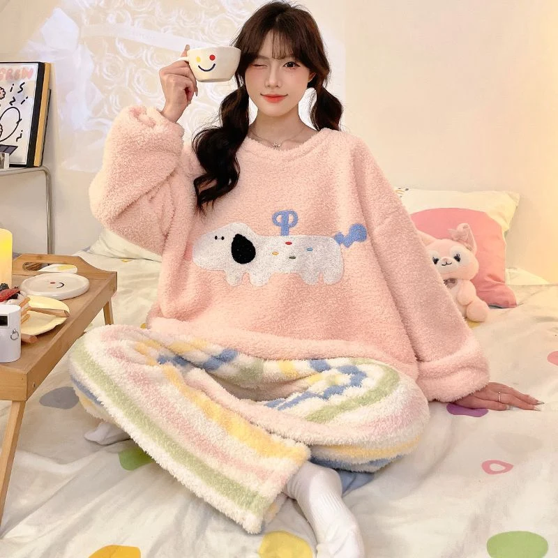 2024 Winter Long Sleeve Thick Warm Flannel Pajama Sets for Women Cute Cartoon Coral Velvet Sleepwear Suit Homewear Home Clothes image 3