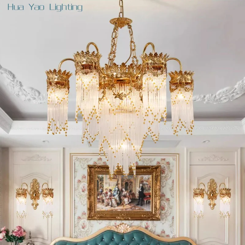 Baroque Vintage Chandeliers Hanging Lights Luxury Lamp Antique Brass Copper Crystal Drop Chandelier For Church