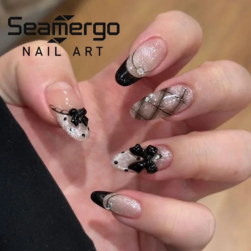 

24PCS Y2k Black Bowknot French Press on Nails Gothic Lace Polka Dots Fake Nails Sweet Cool Cat Eye Almond False Nails Detachable