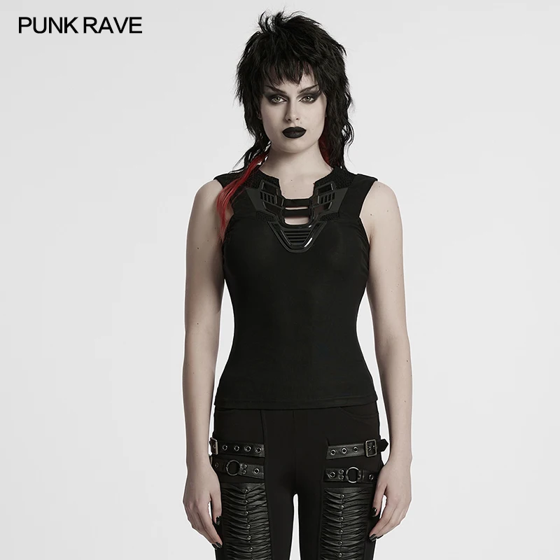 PUNK RAVE Women's Cyberpunk Triangle 3D Armor Patch Avant-garde Vest Future Sense Simple Sleeveless Cool Handsome Dark Tees