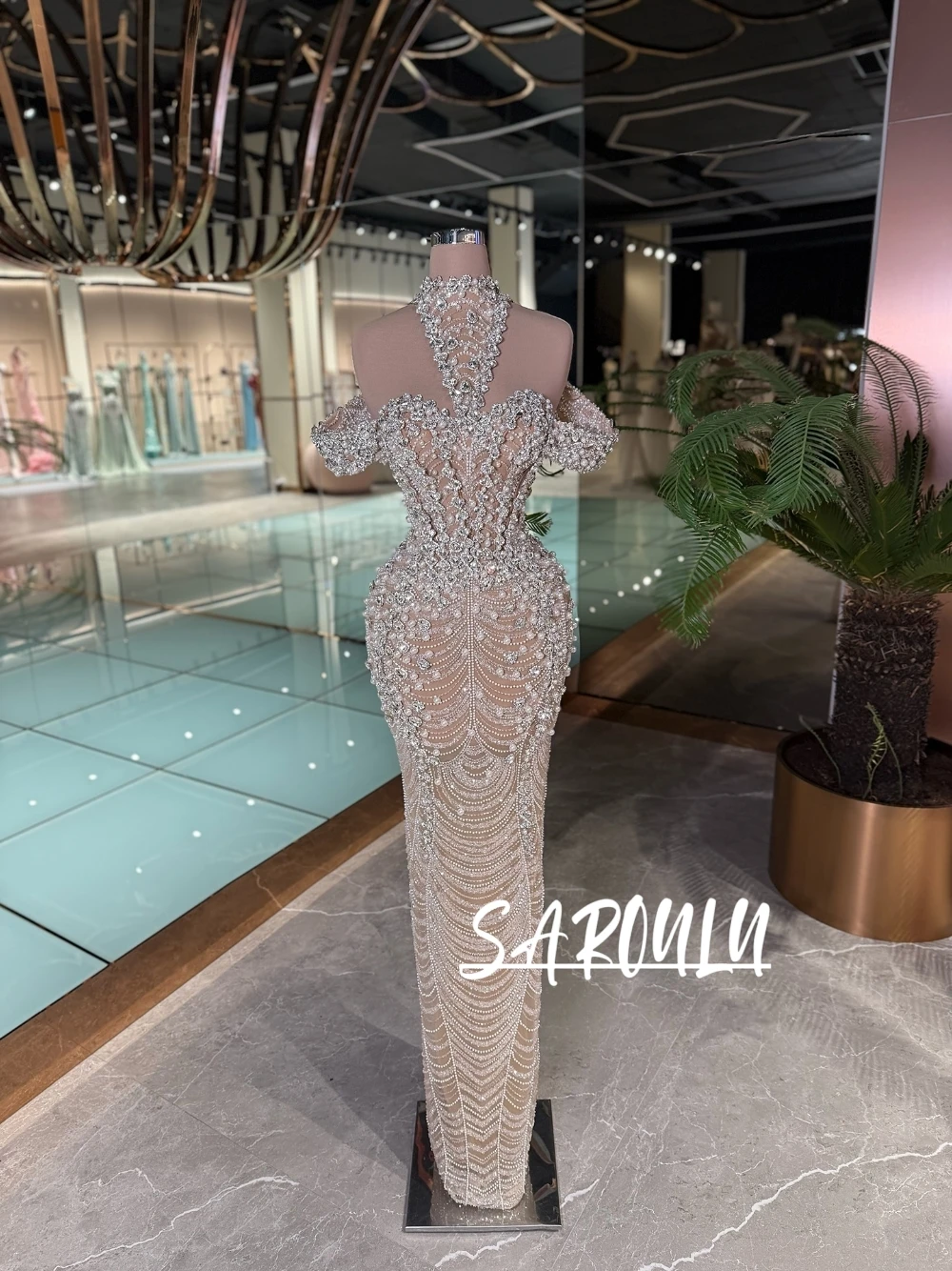 

Роскошное вечернее платье русалки с украшением из хрустального жемчуга и открытыми плечами, сексуальное иллюзионное ослепительное вечернее платье для выпускного вечера с красной ковровой дорожкой