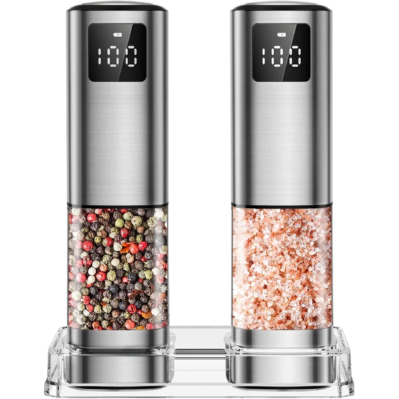 

2Pcs Electric Salt And Pepper Grinder, LED Display Rechargeable Spice Grinders Set 100ml Capacity Automatic Mills With Base