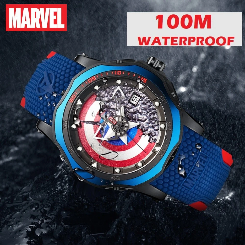 Imagem -03 - Vingadores Capitão América Escudo Disney Marvel Relógio 100m Masculino à Prova d Água Relógio de Quartzo Azul Cinto de Silicone Relógio Masculino os