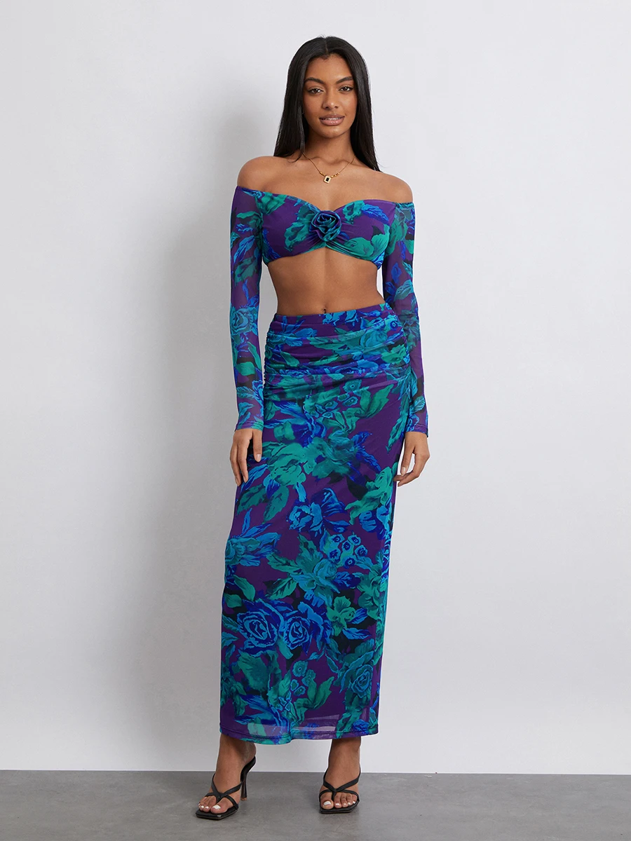 Women Skirt Set Flower Print Long Sleeve Off-shoulder Crop Top with High Waist Long Skirt Fall Outfit