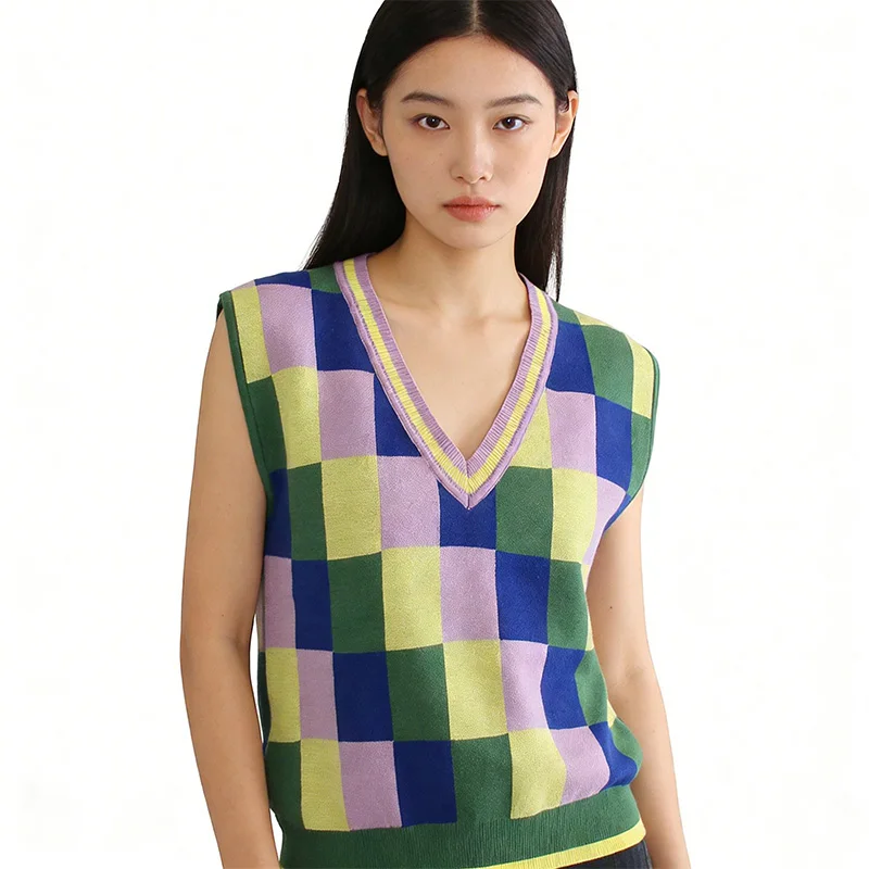 

Женский вязаный жилет SLTNX с V-образным вырезом в клетку, повседневный топ без рукавов с цветовыми блоками